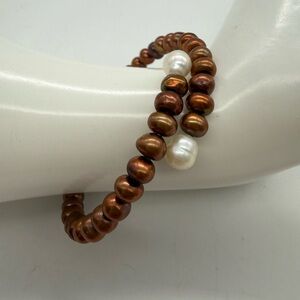 Bronze Metallic Copper Freshwater Pearl Memory Wire Wrap Bracelet One Size Gift